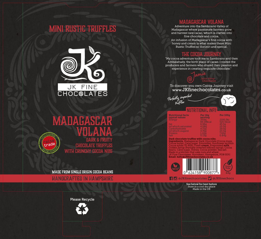 JK Fine Chocolates Mini Rustic truffles packaging for Madagascar Volana
