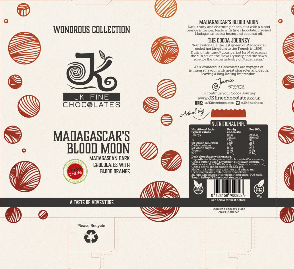 JK Fine Chocolates Wondrous packaging for Madagascar's Blood Moon